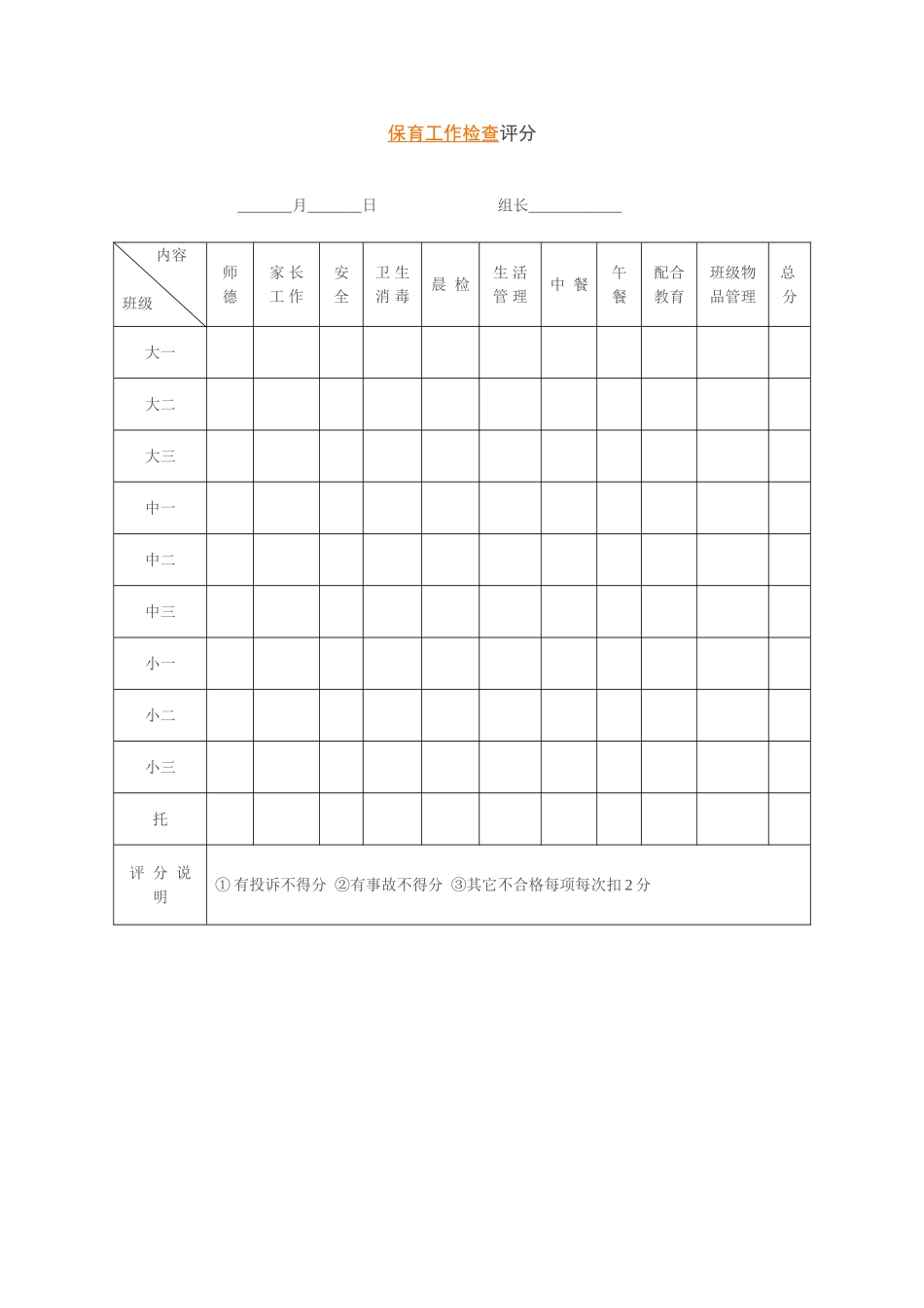 幼儿园保育工作检查评分.doc_第1页