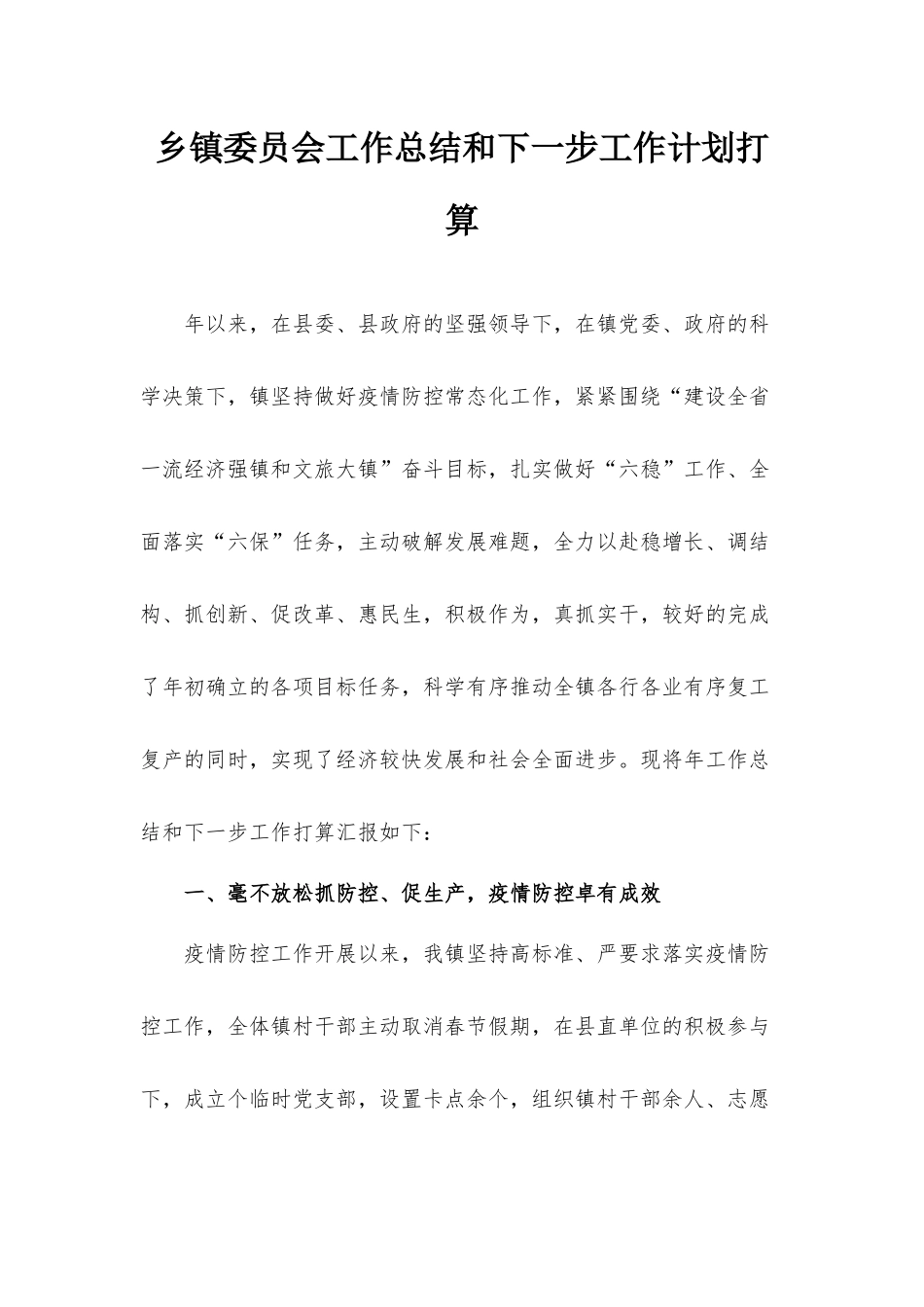乡镇委员会工作总结和下一步工作计划打算.docx_第1页