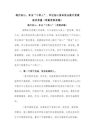 践行初心争当“十种人”、牢记初心使命担当提升党建经济质量（两篇党课讲稿）.docx
