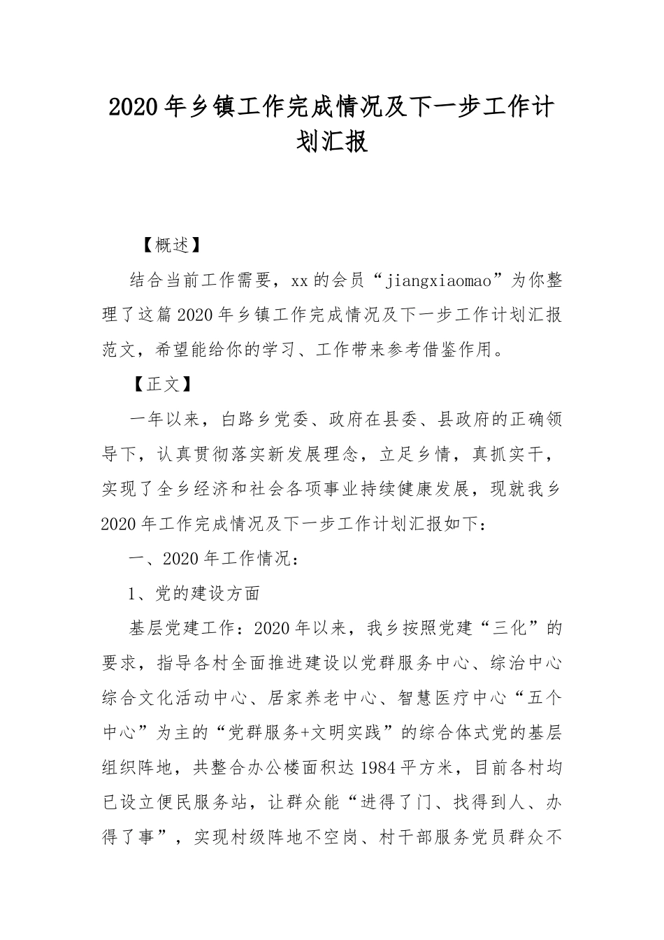 2020年乡镇工作完成情况及下一步工作计划汇报.docx_第1页