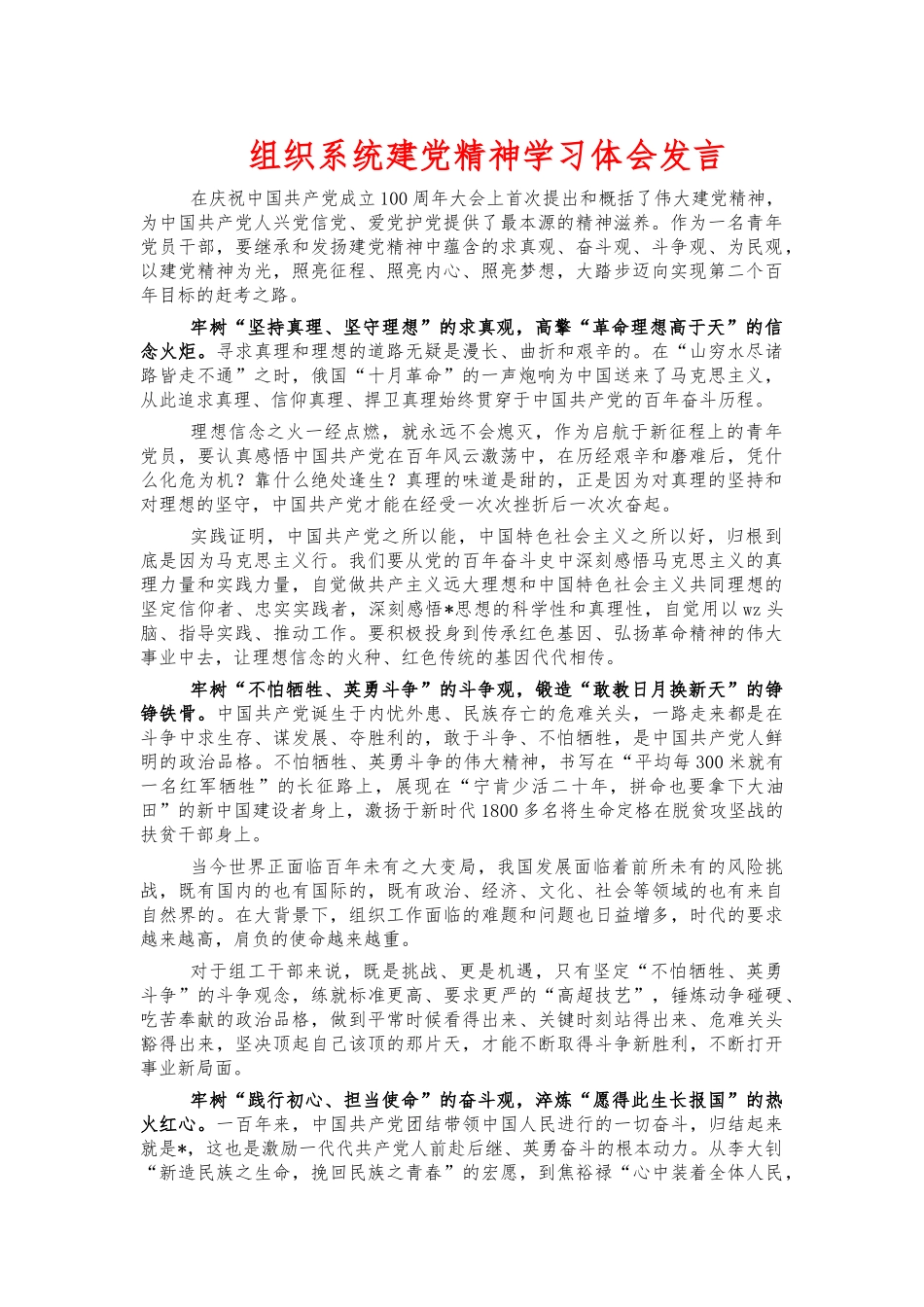 组织系统建党精神学习体会发言.docx_第1页
