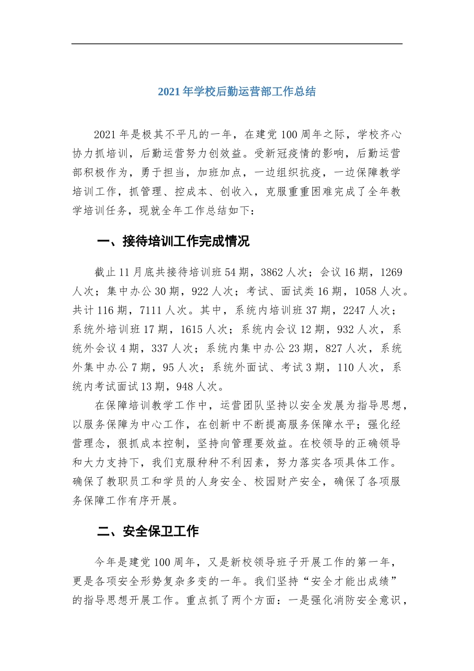 2021年学校后勤运营部工作总结.docx_第1页