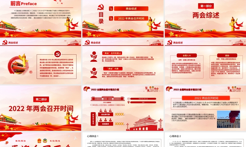 喜迎2022年全国两会红色喜庆聚焦2022两会关注民生深入贯彻学习两会精神PPT课件（带内容）.ppt