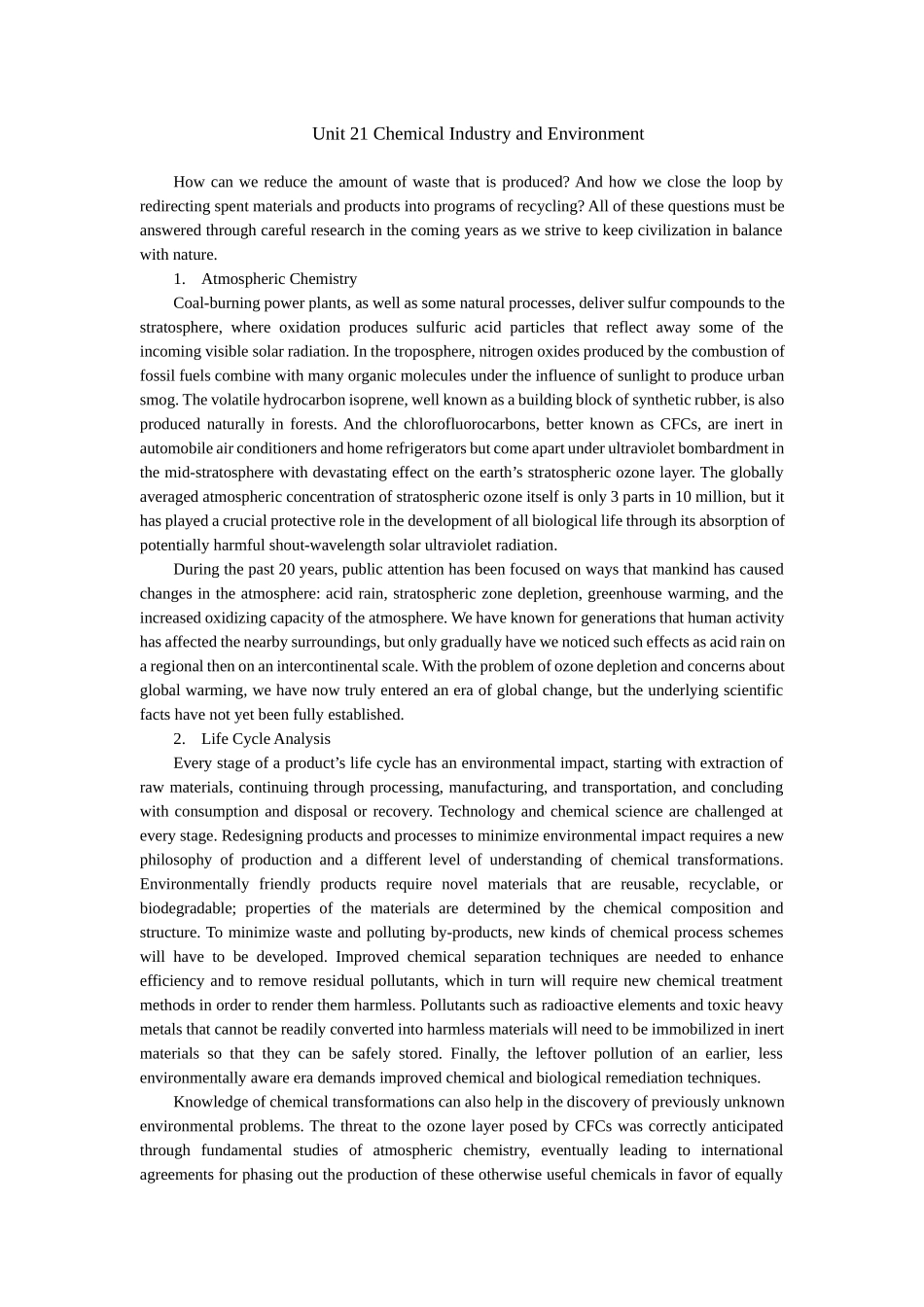 化学工程与工艺专业英语Unit 21 - Chemical Industry and Environment.docx_第1页