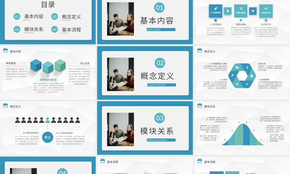人力资源六大模块人事行政管理总结工作汇报计划PPT模板.pptx