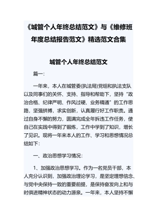 《城管个人年终总结范文》与《维修班年度总结报告范文》精选范文合集.docx
