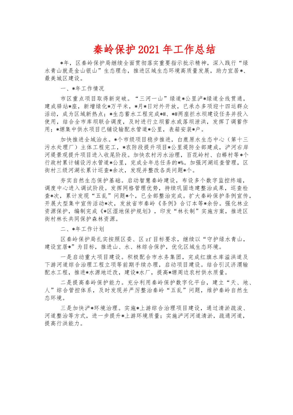 秦岭保护2021年工作总结.docx_第1页