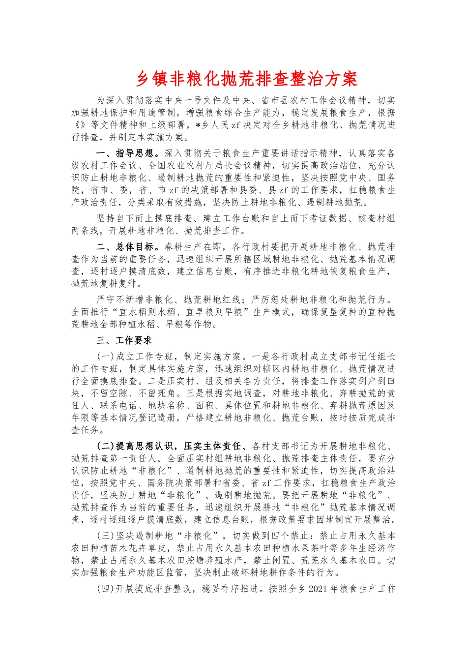 乡镇非粮化抛荒排查整治方案.docx_第1页