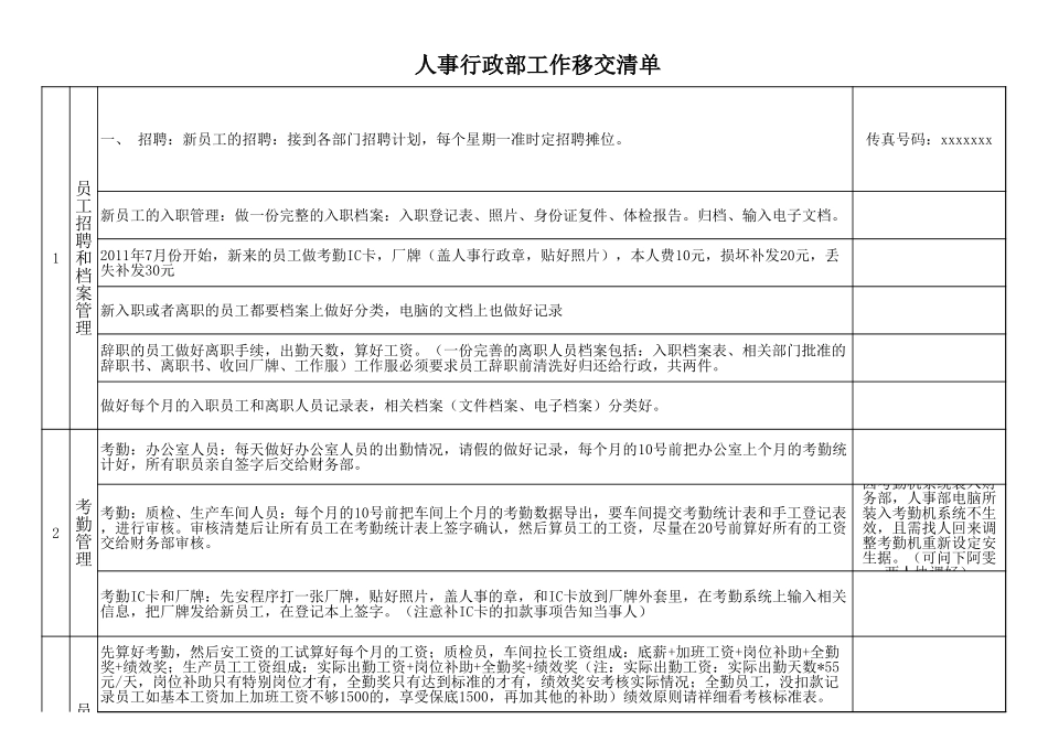人事行政部工作移交表excel模板.xls_第1页