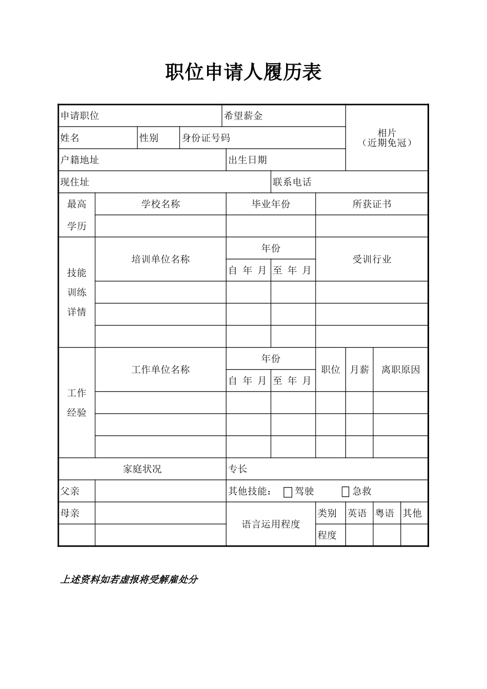 公司求职职位申请资料履历报表Excel模板.xls_第1页