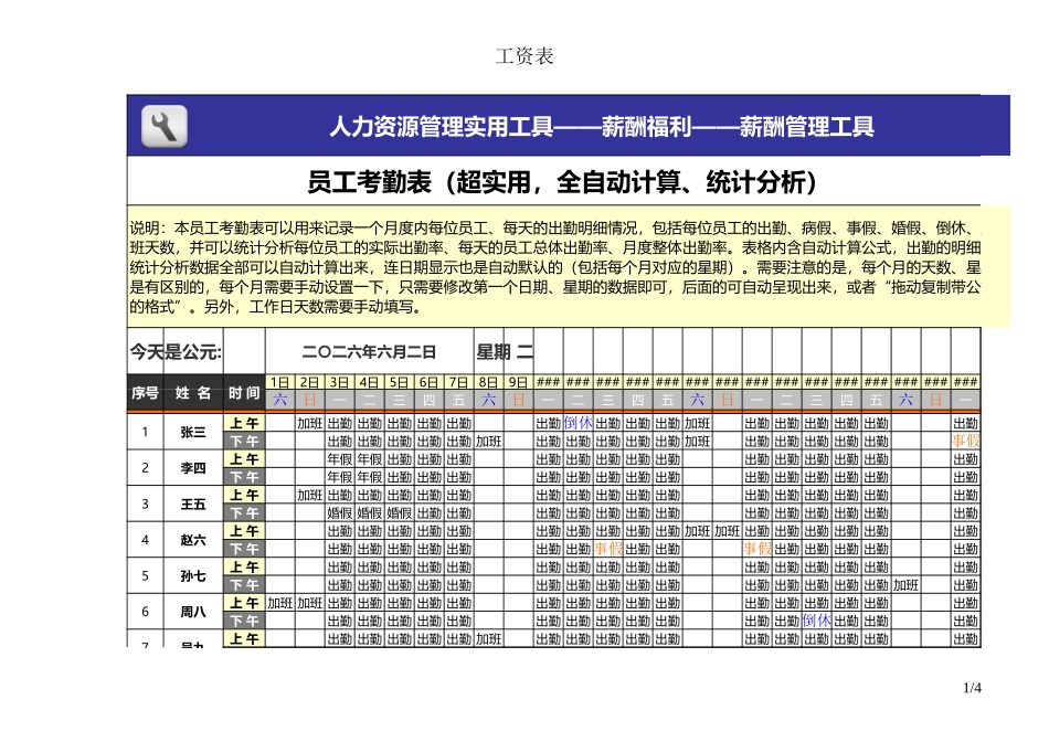 员工考勤表（超实用全自动计算、统计分析.xls_第1页