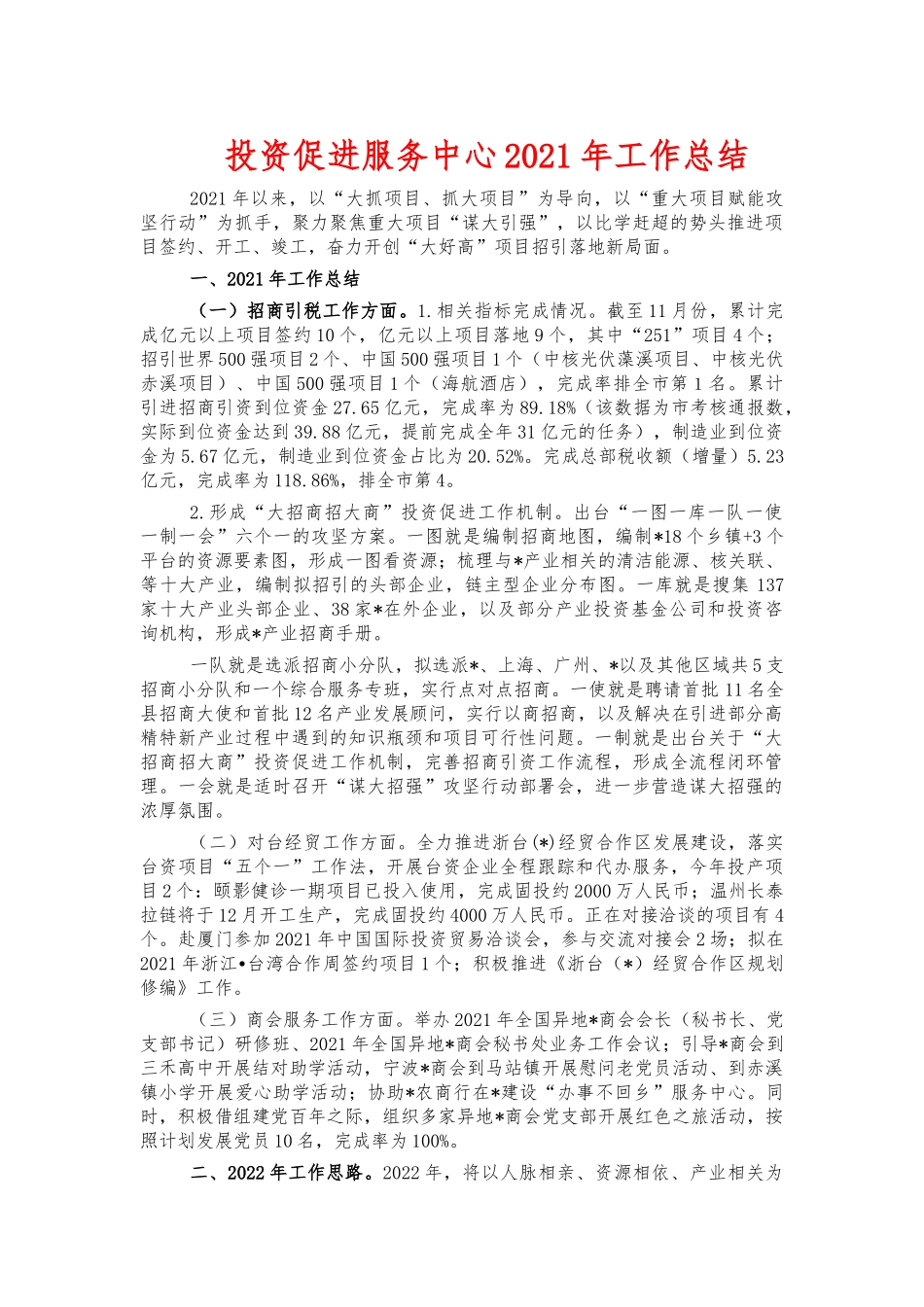 投资促进服务中心2021年工作总结.docx_第1页