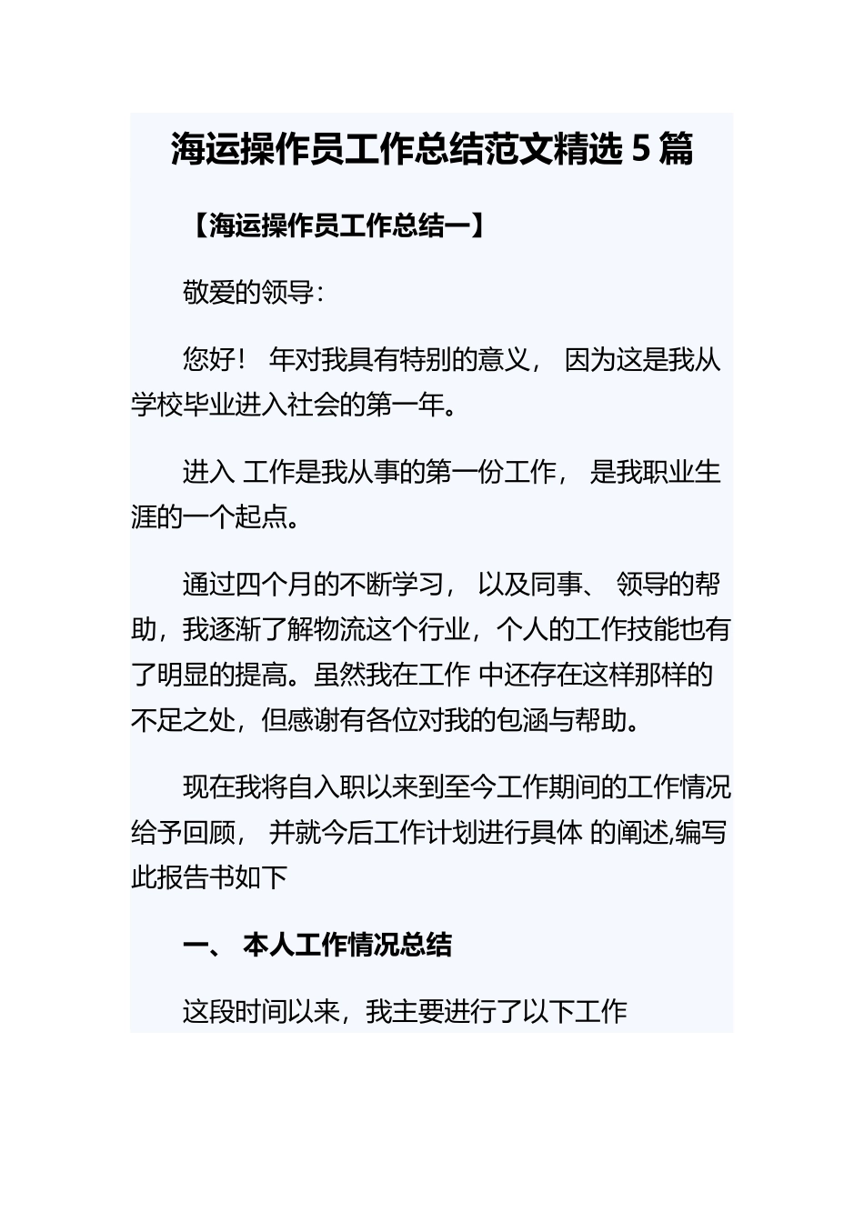 海运操作员工作总结范文精选5篇.docx_第1页