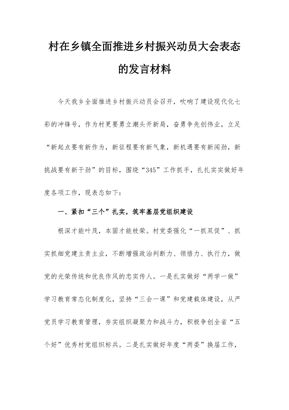 村在乡镇全面推进乡村振兴动员大会表态的发言材料.docx_第1页