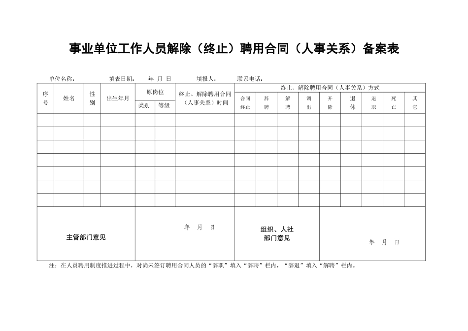 机关事业单位解除聘用合同备案表（一式三份.涉及退休等）.doc_第1页