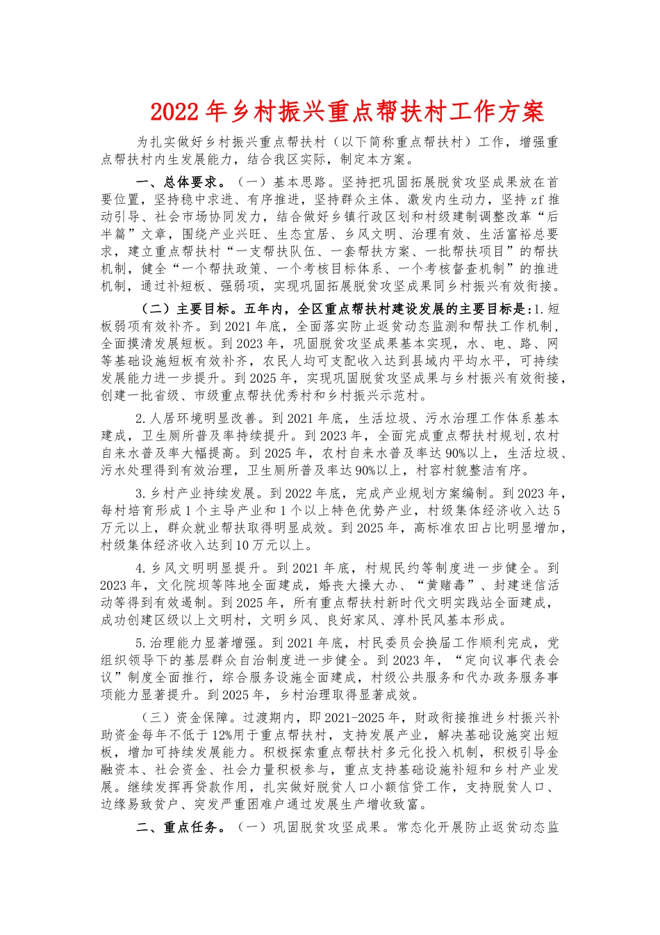 2022年乡村振兴重点帮扶村工作方案.docx_第1页
