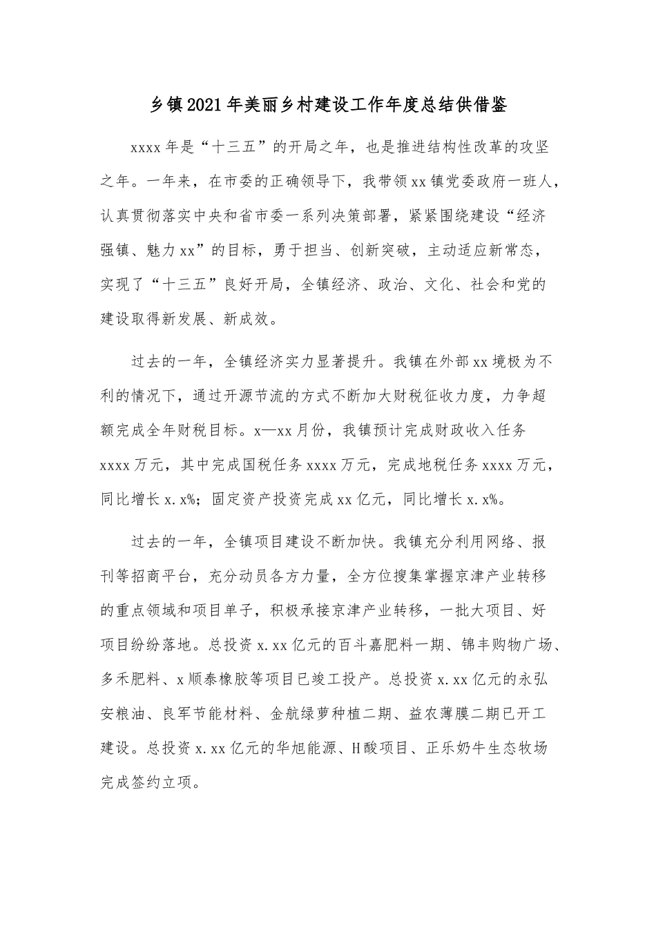 乡镇2021年美丽乡村建设工作年度总结供借鉴.docx_第1页