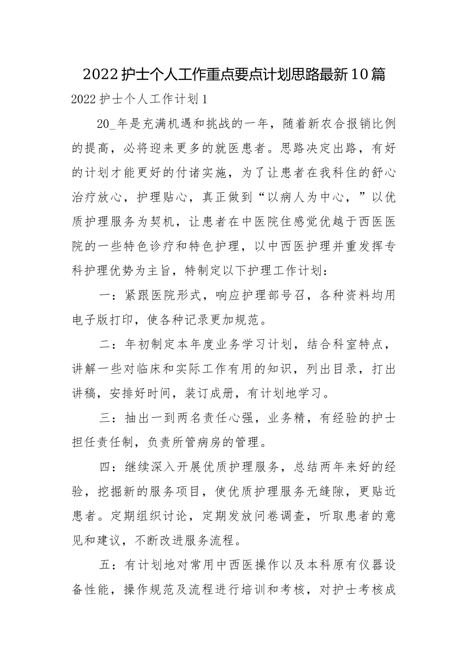 2022护士个人工作重点要点计划思路最新10篇.docx_第1页