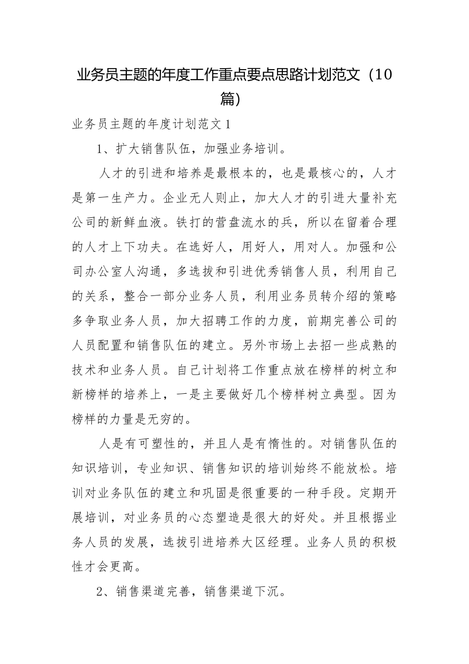 业务员主题的年度工作重点要点思路计划范文（10篇）.docx_第1页