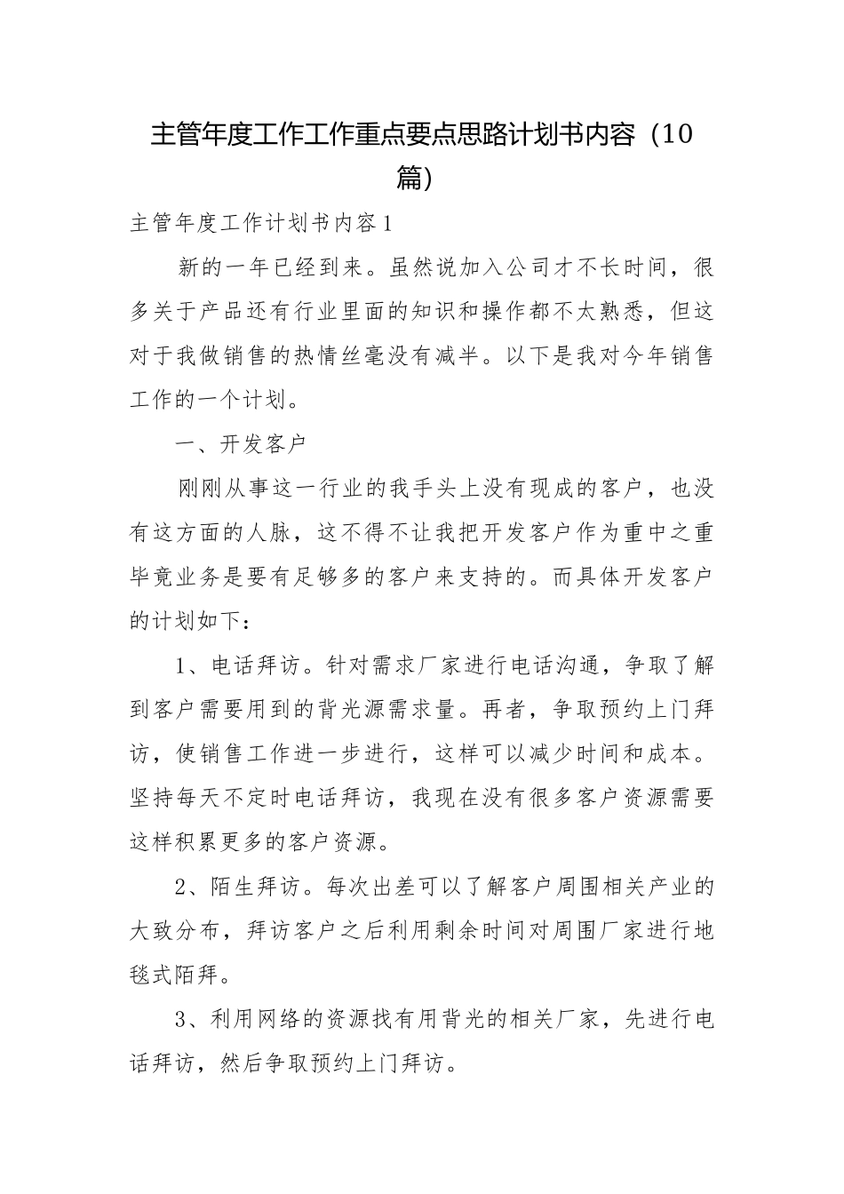 主管年度工作工作重点要点思路计划书内容（10篇）.docx_第1页