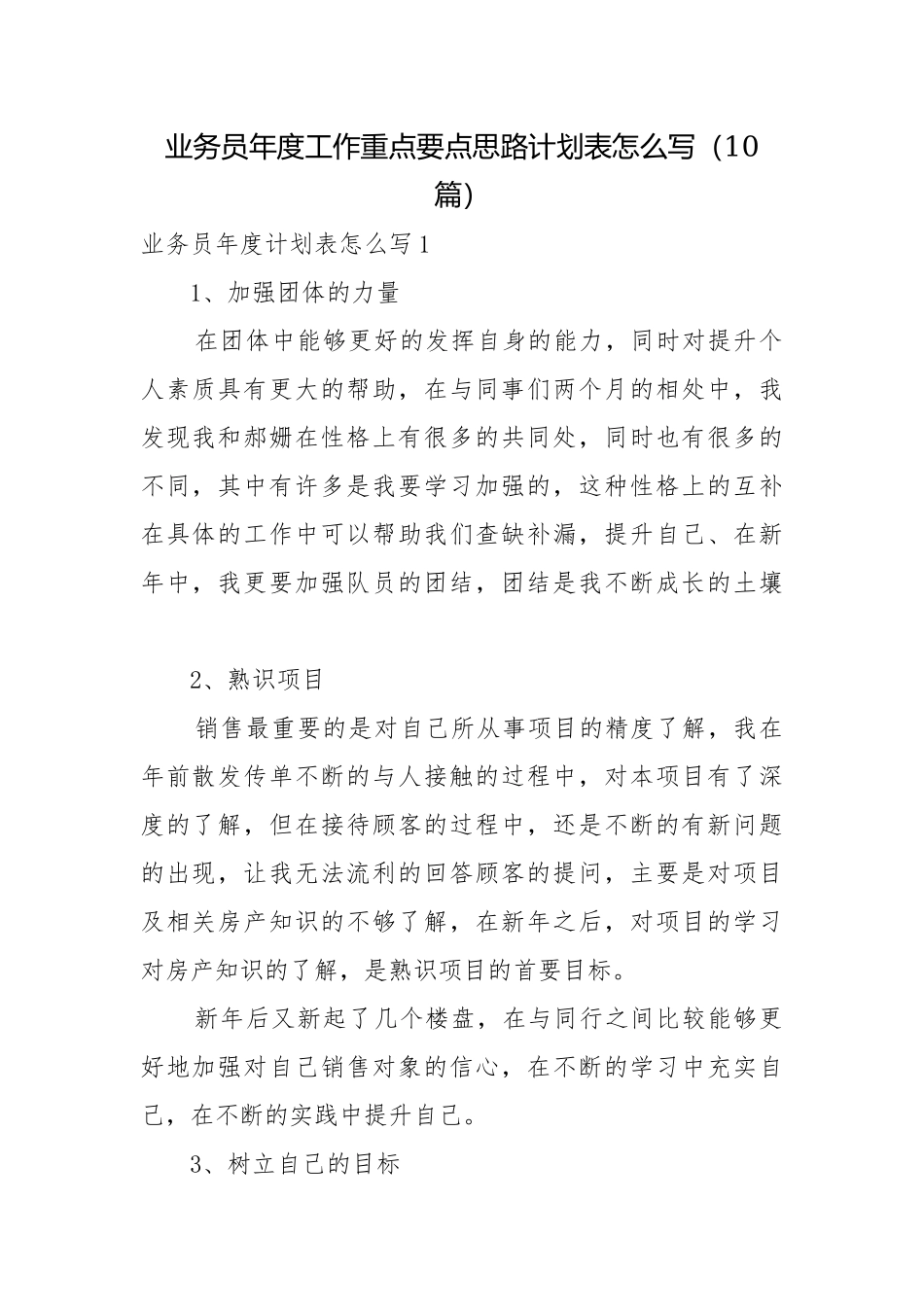 业务员年度工作重点要点思路计划表怎么写（10篇）.docx_第1页