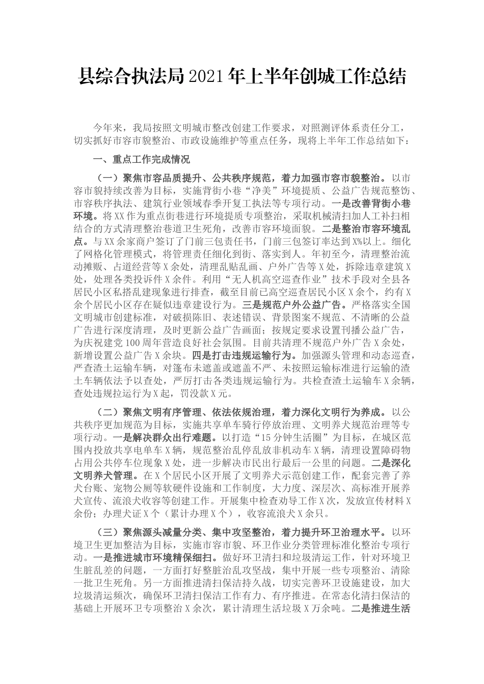 2021年上半年创城工作总结（综合执法）.docx_第1页