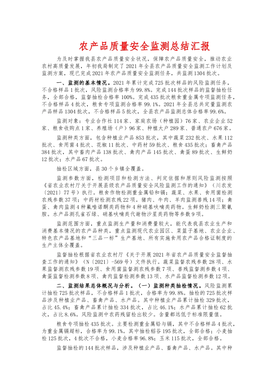 农产品质量安全监测总结汇报.docx_第1页