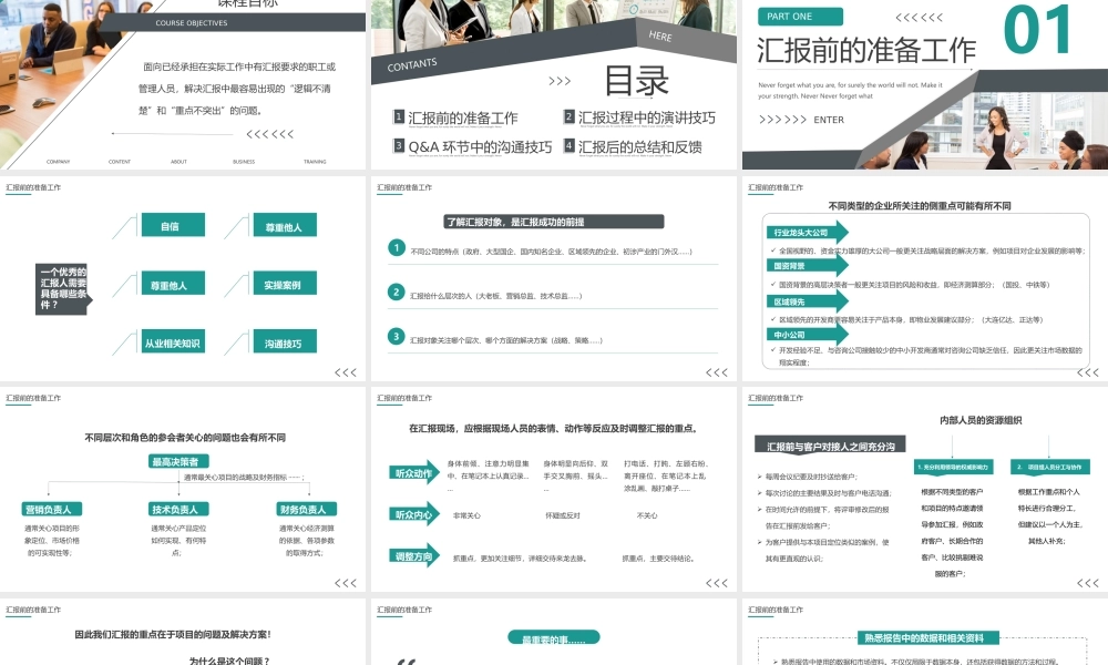 商务灰绿色如何商务灰绿色如何在客户和领导面前做好汇报工作培训PPT课件（带内容）.pptx
