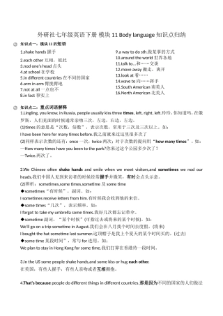 外研社七年级英语下册 模块11 Body language知识点归纳.doc