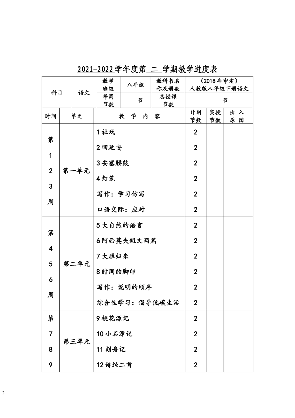 人教版2022年中学八年级下册语文全册教案设计附教学进度表.docx_第2页