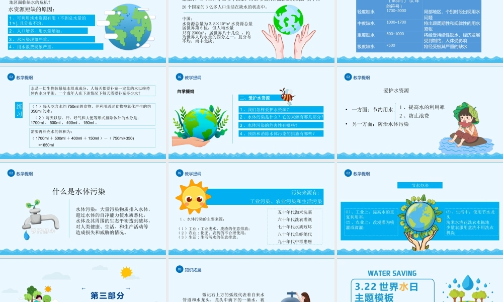 3月22日世界水日蓝色卡通风珍惜水资源主题班会PPT课件（带内容）.pptx