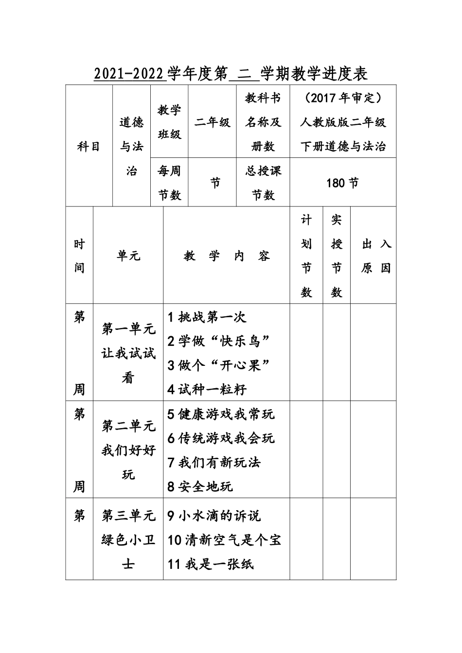 部编审定2022年人教版小学二年级下册道德与法治全册教案(附教学进度表).docx_第2页