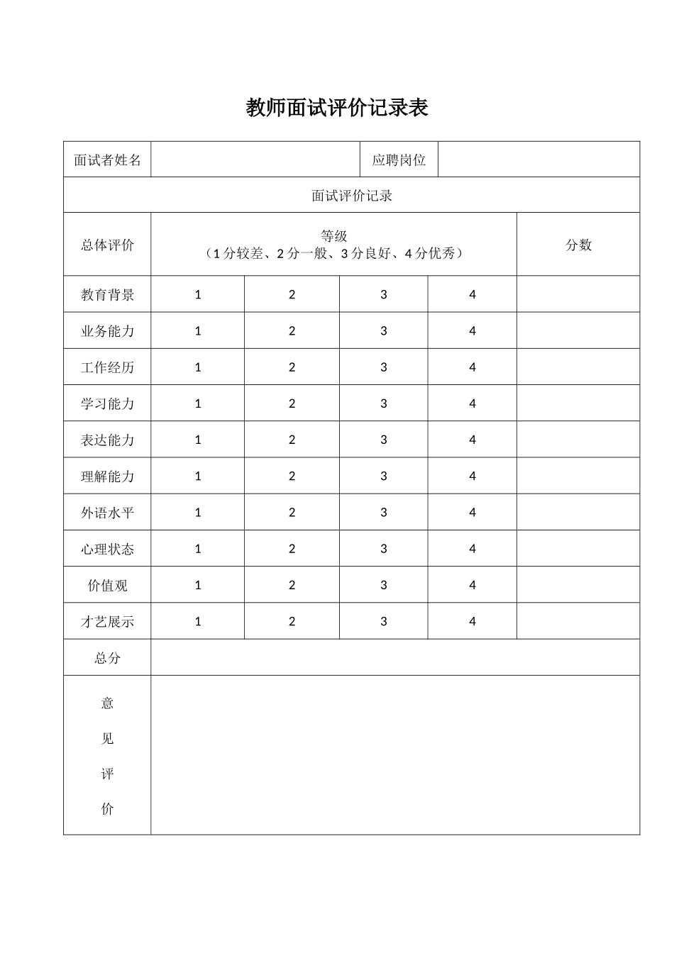 教师面试评价记录表.docx_第1页