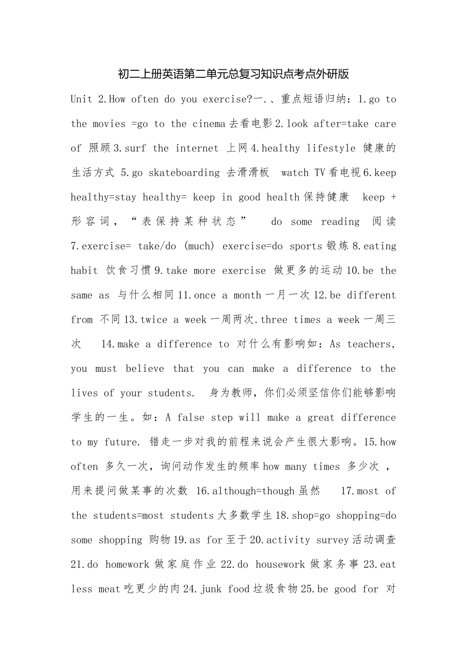 初二上册英语第二单元总复习知识点考点外研版.docx_第1页