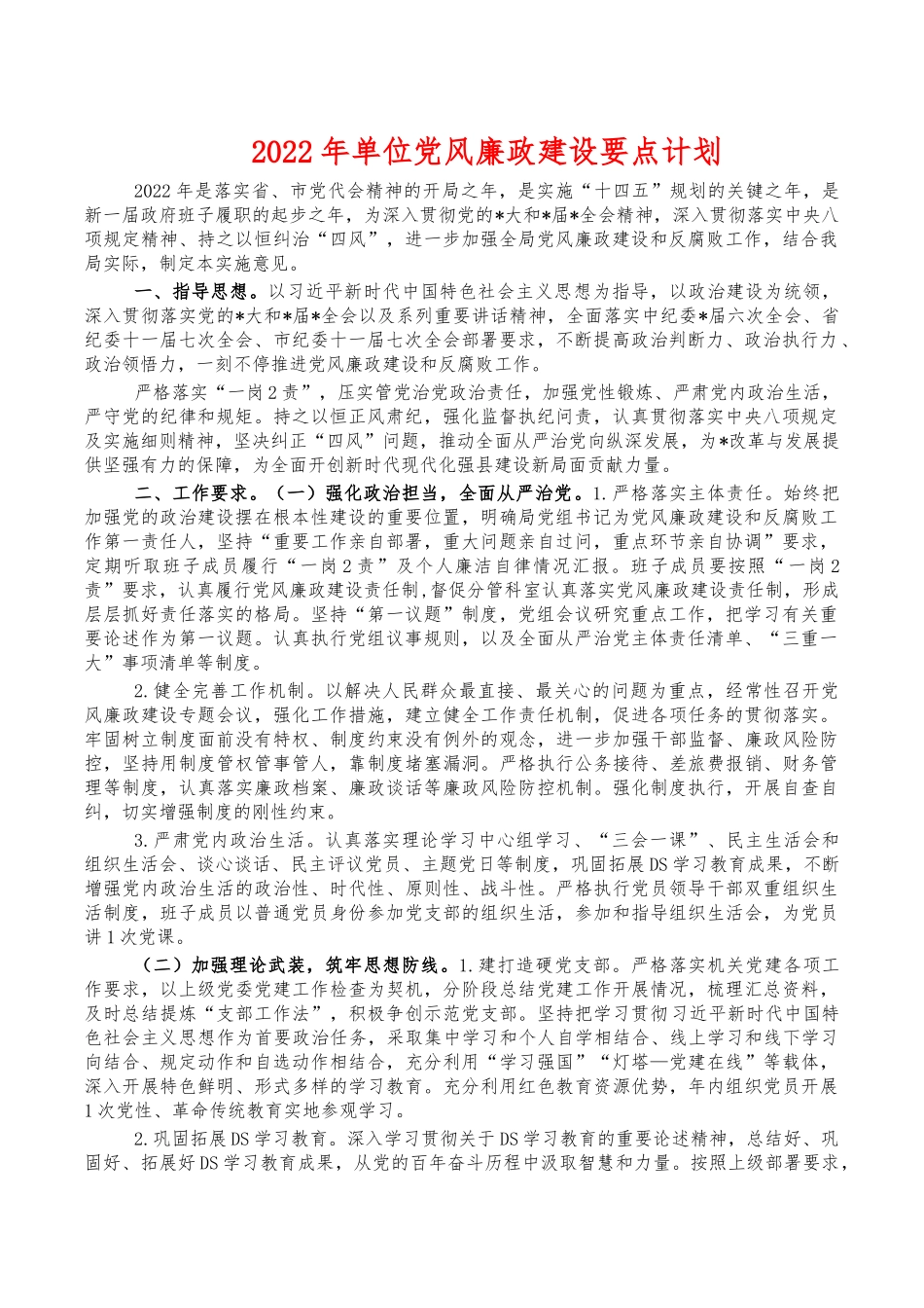2022年单位党风廉政建设要点计划.docx_第1页