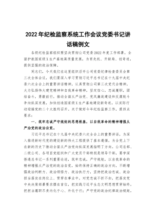 2022年纪检监察系统工作会议党委书记讲话稿例文.docx