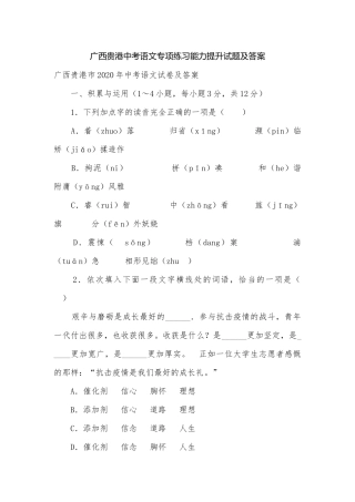广西贵港中考语文专项练习能力提升试题及答案.docx