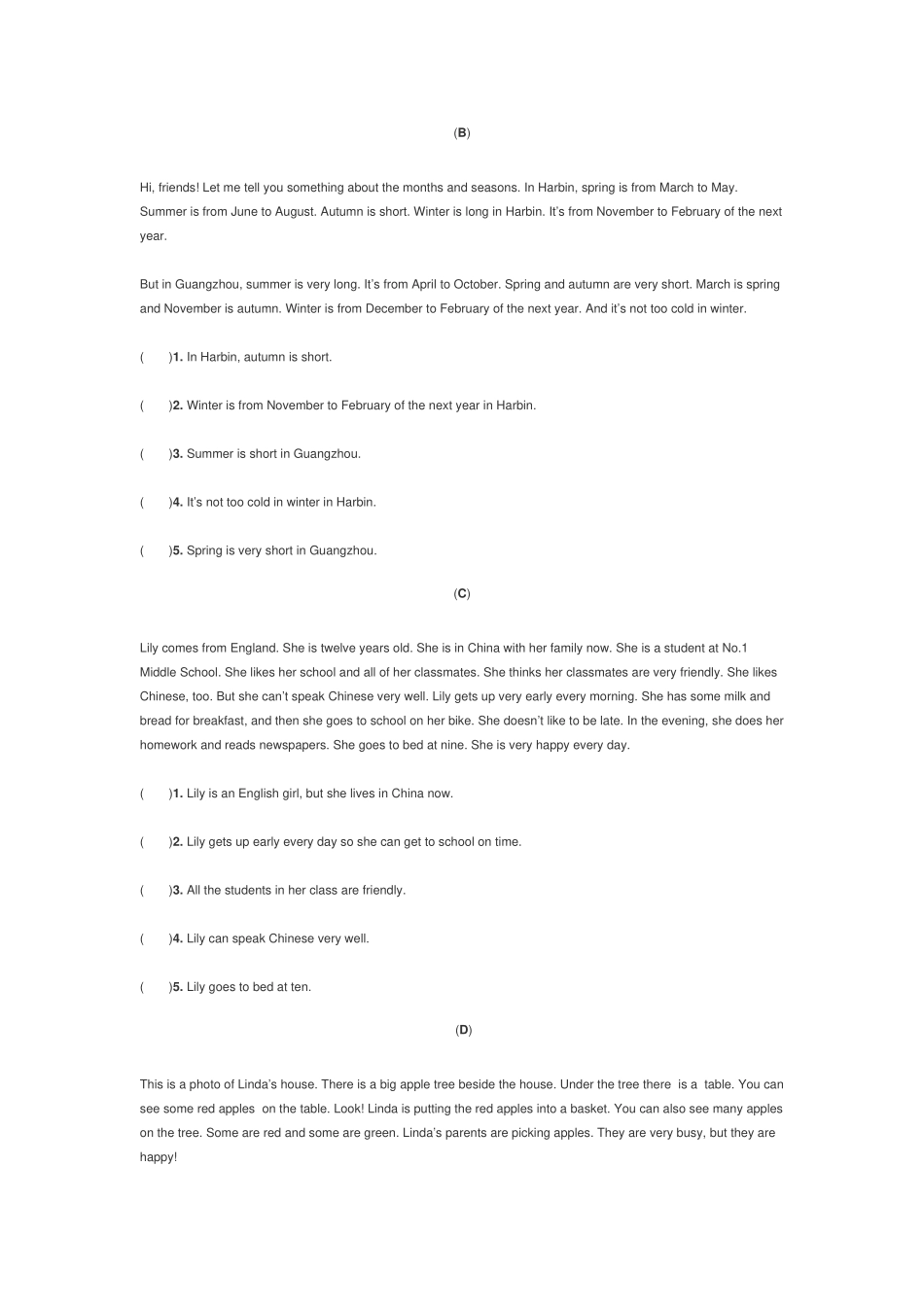 人教PEP版小学五年级英语下册《阅读理解》期末复习题及答案.docx_第2页
