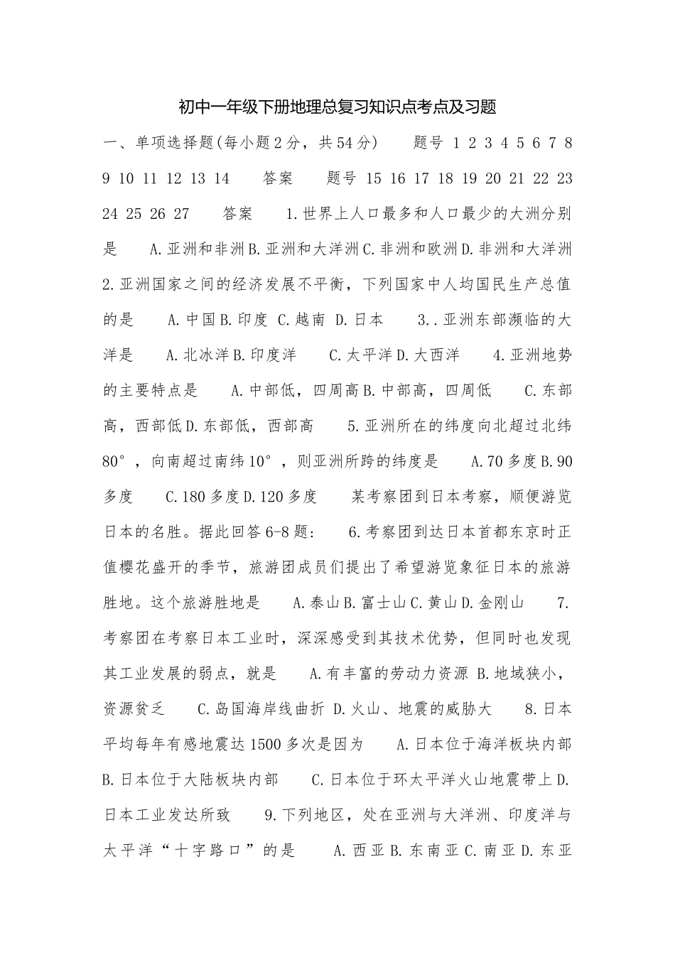 初中一年级下册地理总复习知识点考点及习题.docx（6页）_第1页