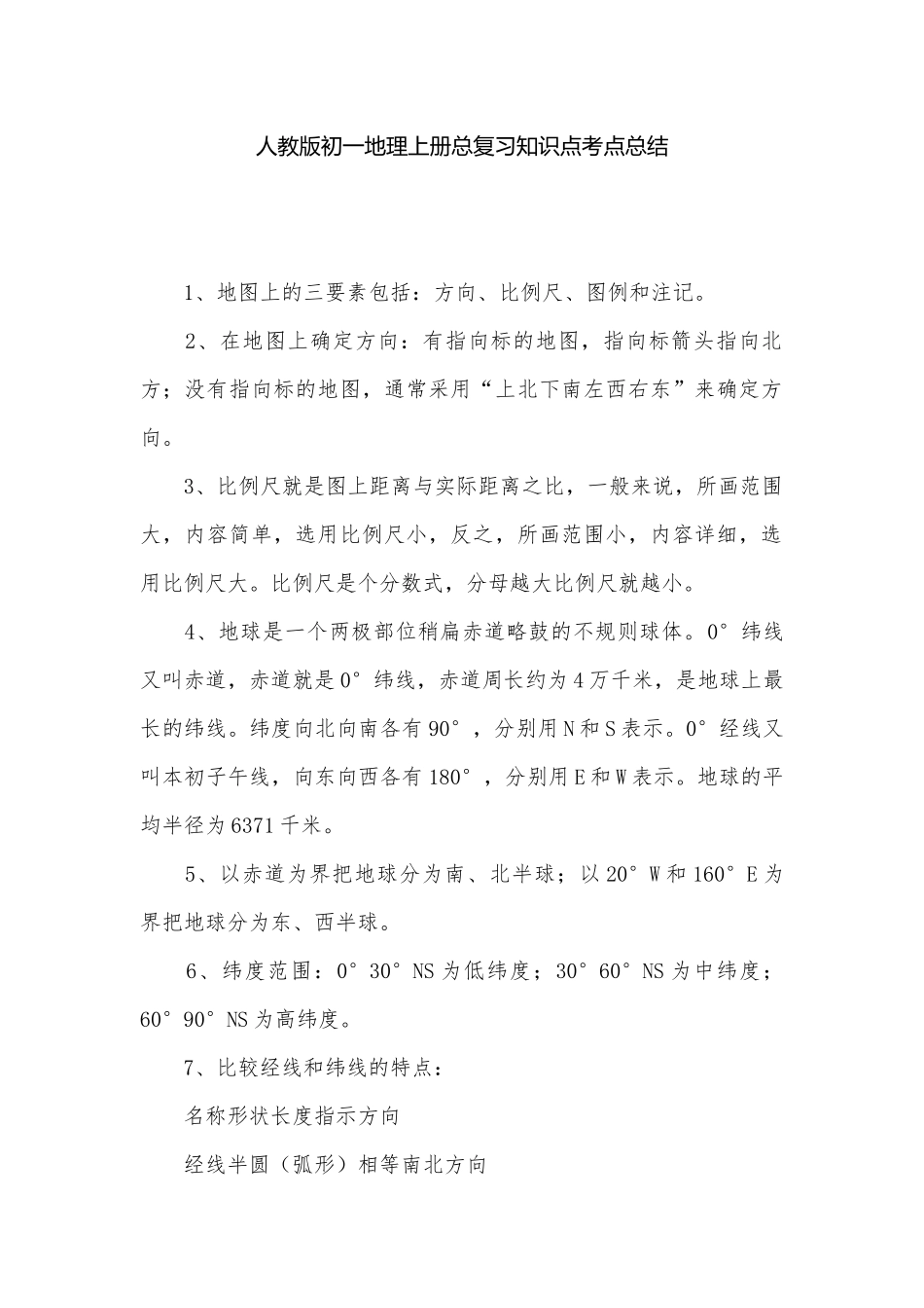 人教版初一地理上册总复习知识点考点总结.docx（4页）_第1页