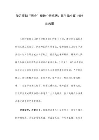 学习贯彻“两会”精神心得感悟：民生无小事 枝叶总关情.docx