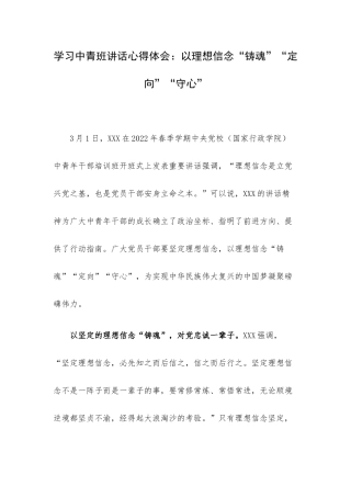 学习中青班讲话心得体会：以理想信念“铸魂”“定向”“守心”.docx