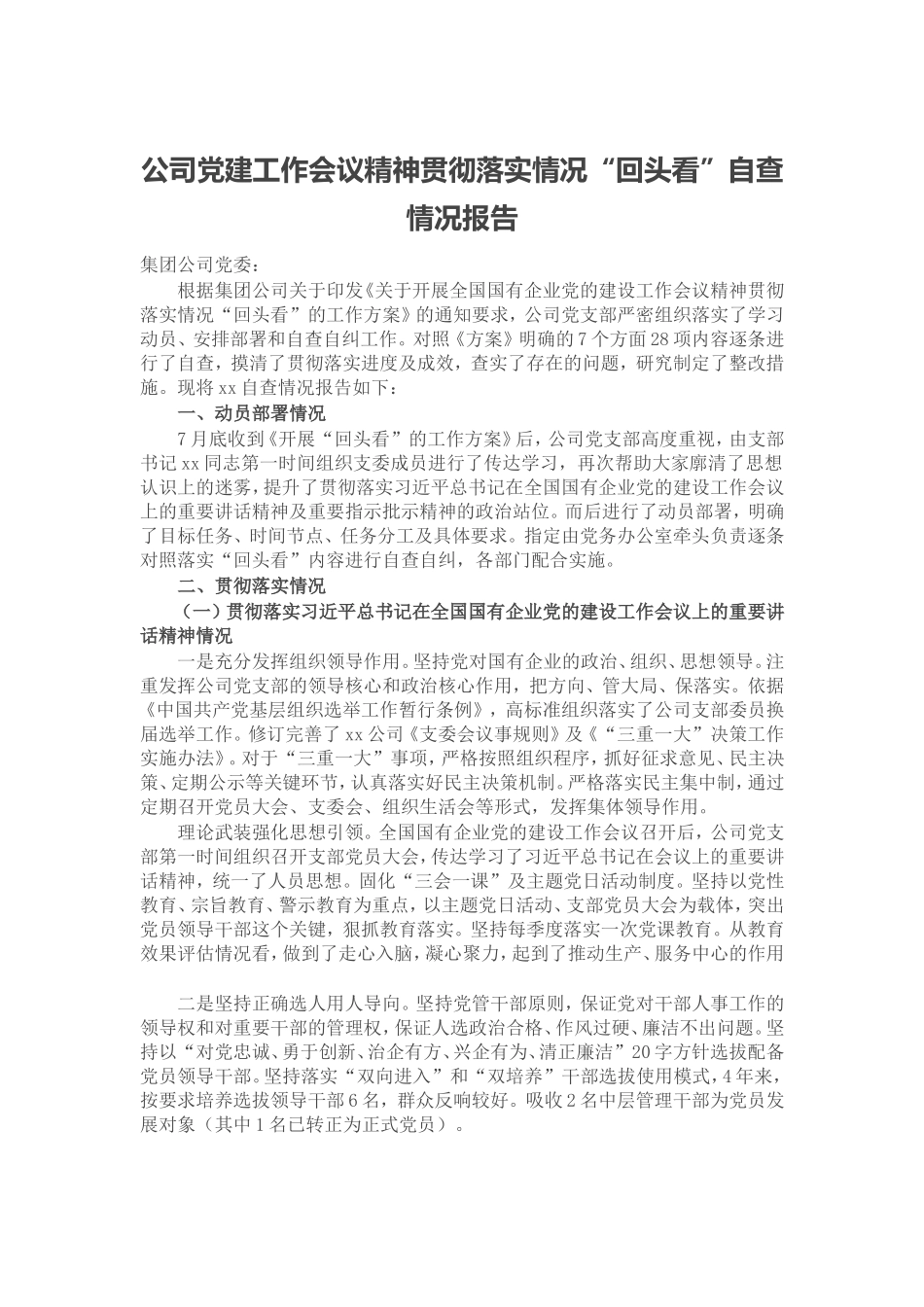 公司党建工作会议精神贯彻落实情况“回头看”自查情况报告.doc_第1页