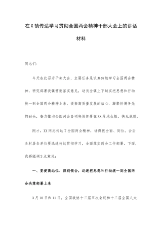 在X镇传达学习贯彻全国两会精神干部大会上的讲话材料.docx