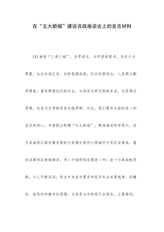 在“五大新城”建设咨政座谈会上的发言材料.docx