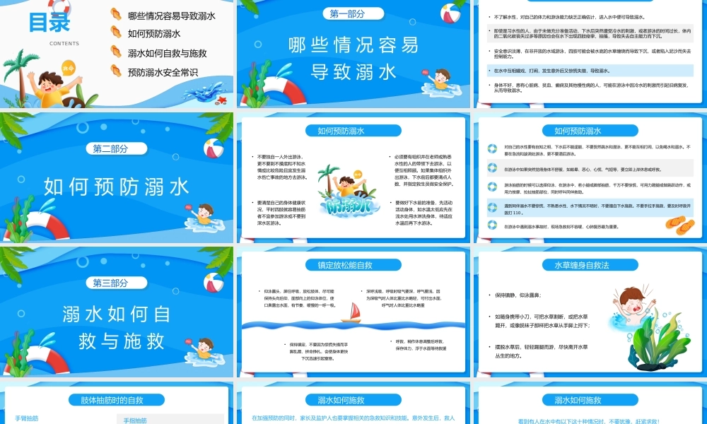蓝色卡通暑假安全教育防溺水主题班会PPT课件（带内容）.ppt