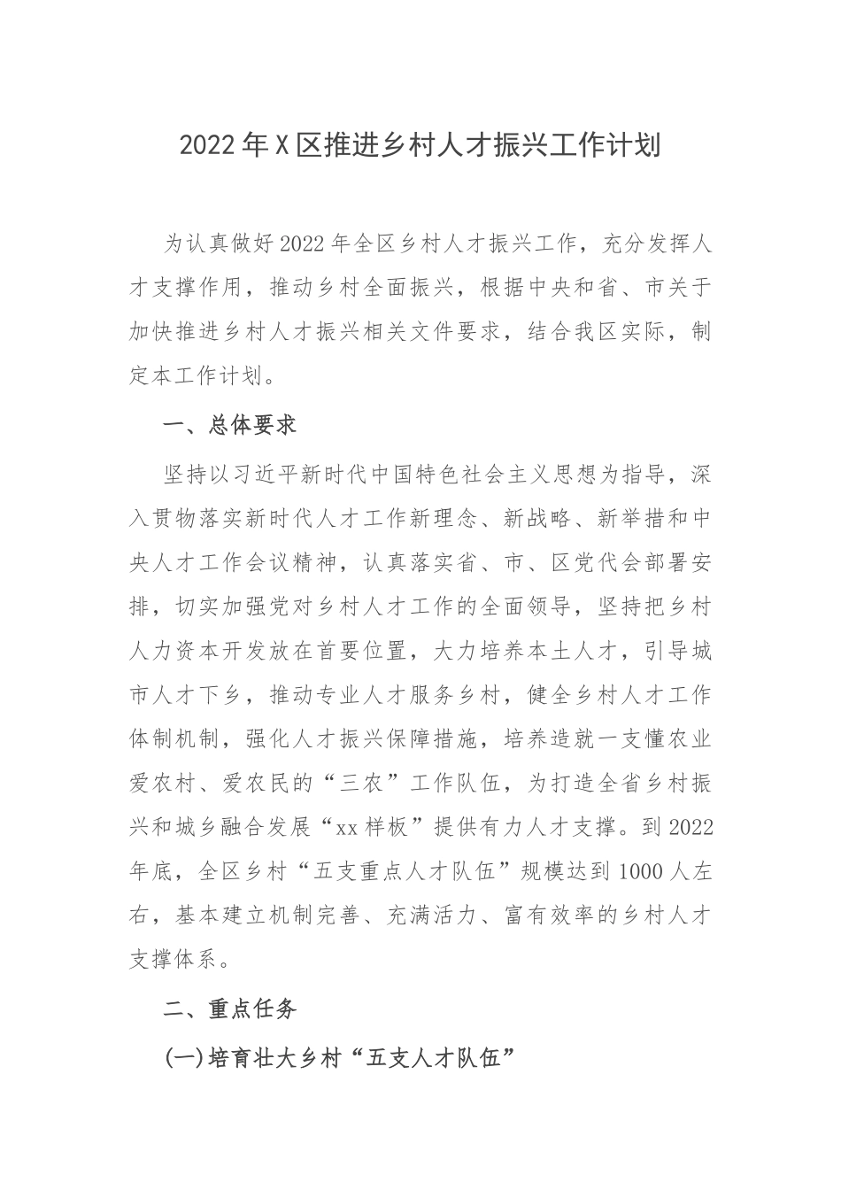 2022年X区推进乡村人才振兴工作计划.docx_第1页