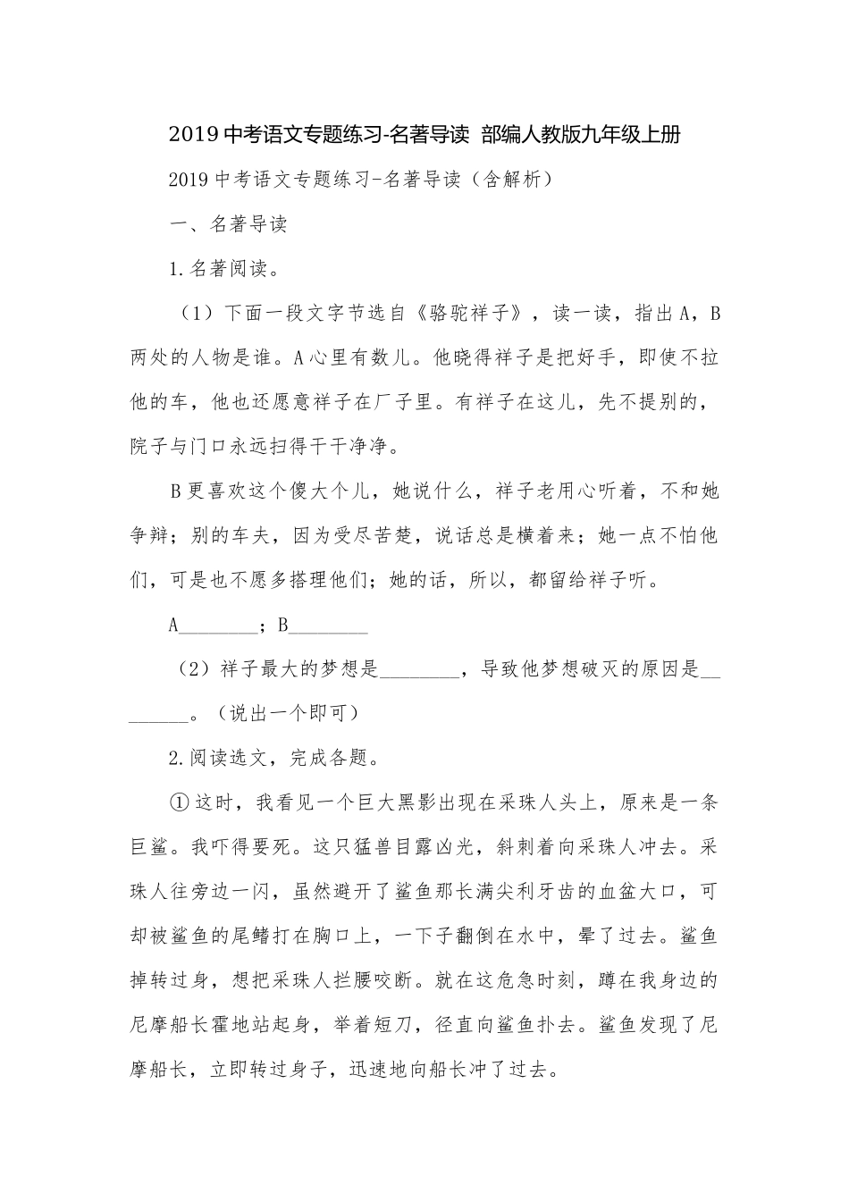 2019中考语文专题练习-名著导读部编人教版九年级上册.docx_第1页