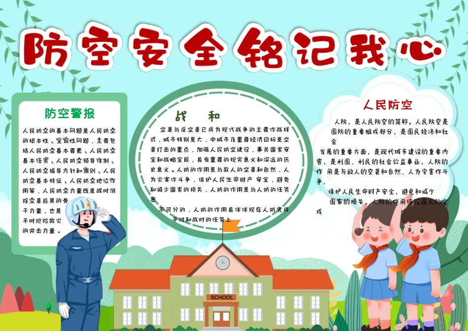 绿色卡通防空安全铭记在心防空小报手抄报小报.docx_第1页