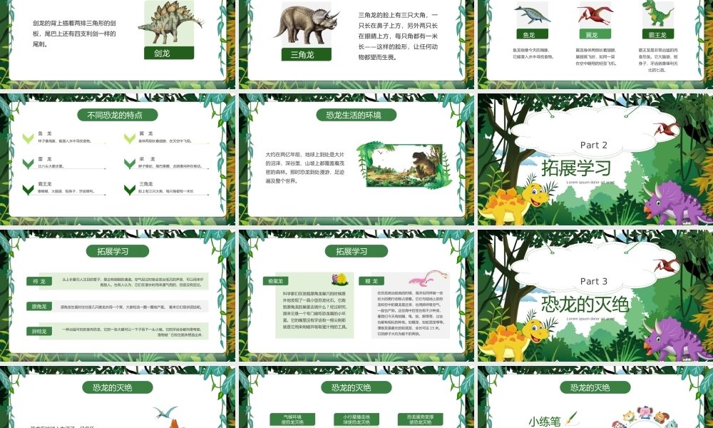 绿色卡通恐龙知识介绍主题PPT课件（带内容）.ppt